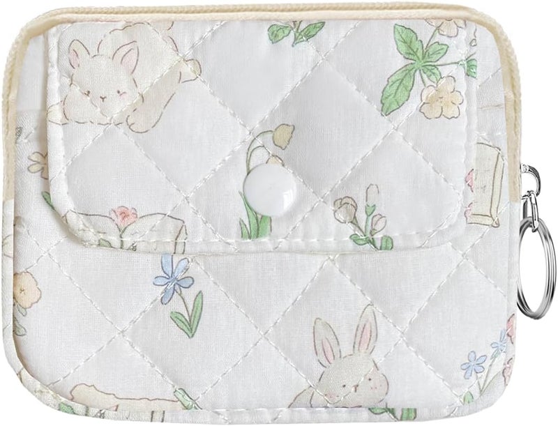 Modacarry Store Cotton Quilted Floral Coin Pouch with Cute Prints Zipper for Women Girls (TWO RABBITS) - Image 1
